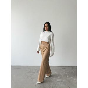 Pantalon palazzo en cuir taille haute pour femme, respirant, en toile beige avec ceinture élastique, taille XL, motif formel délavé coloré - Product Image 4