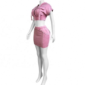 2024 flores fritas Vintage Patchwork botón Sudadera con capucha a juego <span class=keywords><strong>Mini</strong></span> falda ropa de mujer conjuntos lavados con ácido - Product Image 5