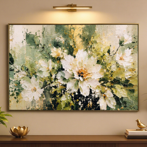 Décoration murale en toile acrylique peinte à la main, motif floral moderne, or blanc et vert, avec encadrement à épingler, pour intérieur, toutes saisons - Product Image 1