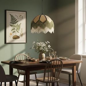 Lampada a Sospensione Vintage Francese con <span class=keywords><strong>Paralume</strong></span> in Lino <span class=keywords><strong>Verde</strong></span> e Nappe, Illuminazione LED per Camera da Letto, Sala da Tè, Soggiorno e Sala da Pranzo - Product Image 2
