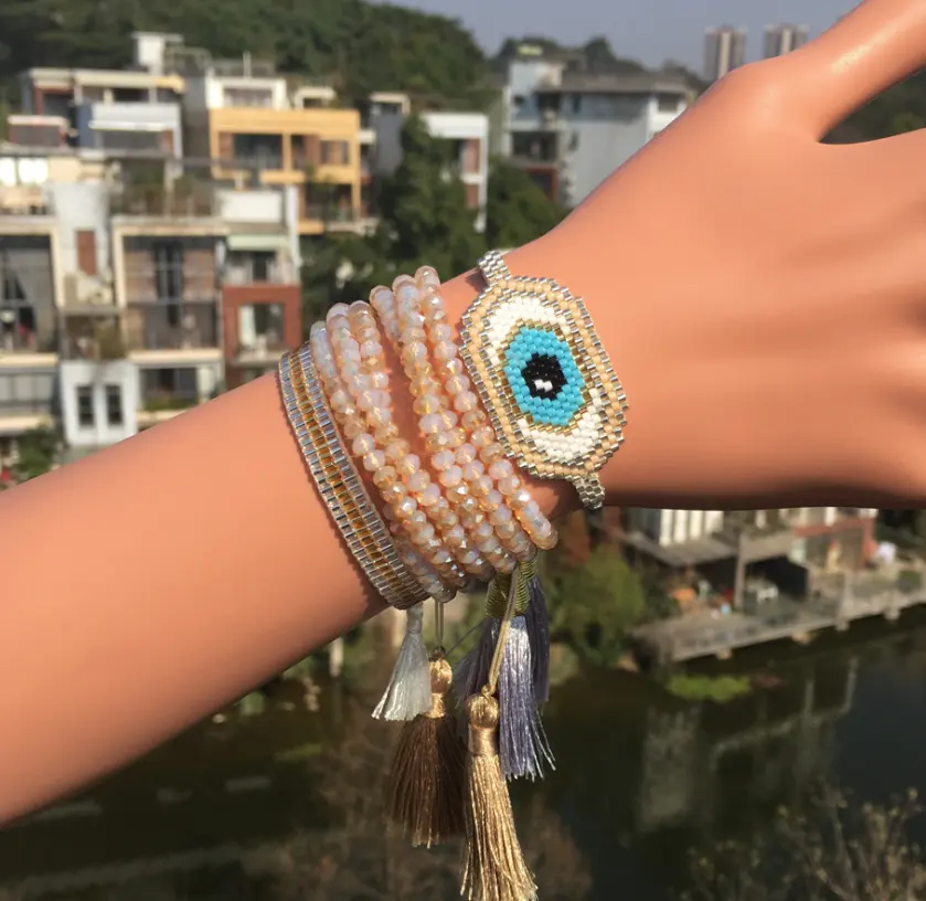 Chất Lượng Cao Handmade Miyuki Hạt Giống Hạt Ác Mắt Bracelet Bangles Phụ Nữ Jewelry Set Với Tua