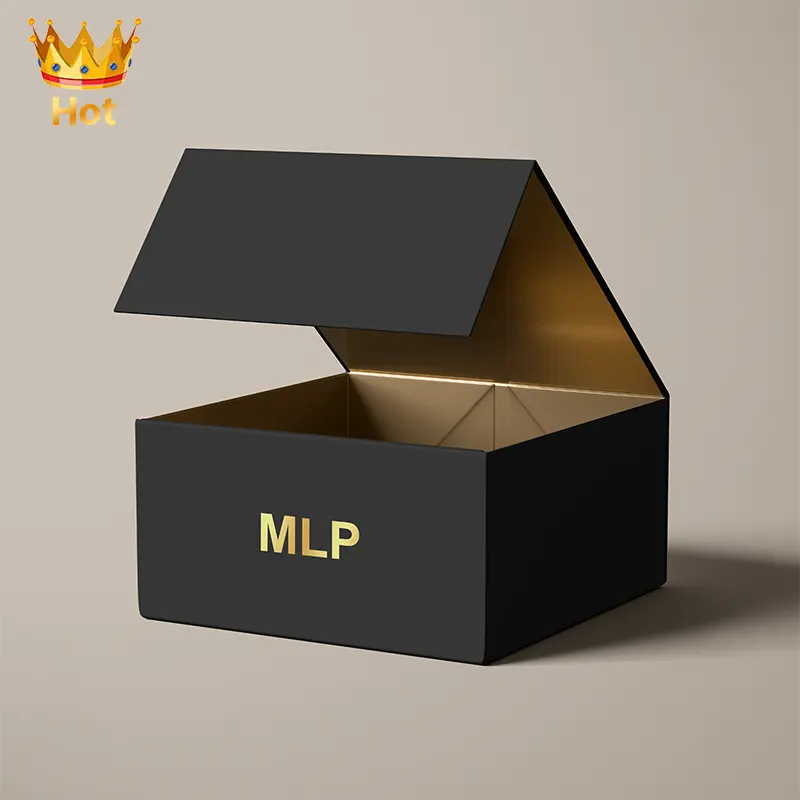 Customize Logo Printed Black Paper Flat Pack Rigid Cardboard Clothing Cosmetic Shoe Foldable Packaging Magnetic Folding Gift Box