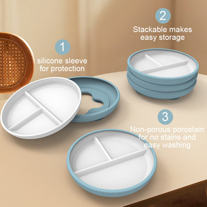 <span class=keywords><strong>Platos</strong></span> de Porcelana Blancos para Niños de Diseño Moderno con Mangas de Silicona, <span class=keywords><strong>Platos</strong></span> Divididos Antideslizantes para Bebés con <span class=keywords><strong>Ventosa</strong></span> para Niños Pequeños - Product Image 3