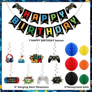 Kit de Decoración de Papel para Fiesta de <span class=keywords><strong>Cumpleaños</strong></span> con Temática de Videojuegos, Incluye Pancarta de <span class=keywords><strong>Feliz</strong></span> <span class=keywords><strong>Cumpleaños</strong></span>, Espirales Colgantes, Globos de Panal y Trofeos para Niños - Product Image 3