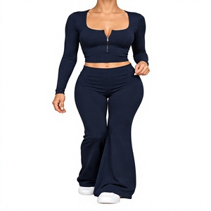 <b>Women</b> <b>Navy</b> Blue Notch Neck Zip Crop <b>Top</b> Flared Pants Two Piece Matching Set - Product Image 1