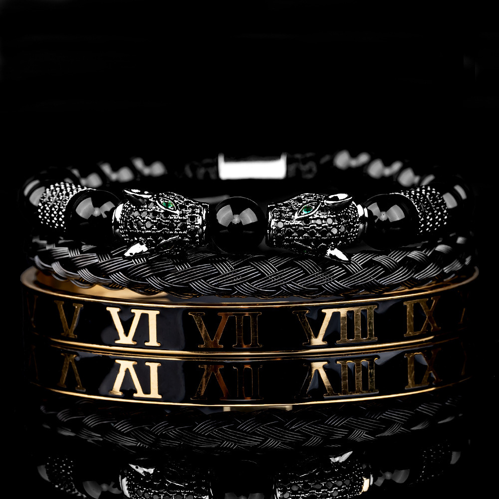 Testa di leopardo nero con diamante nero, goccia d'olio, stile romano