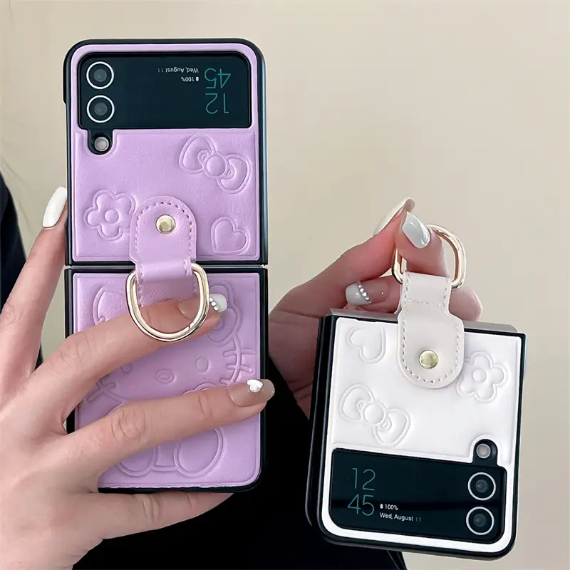 Japan and South Korea solid color press skin kt Cat for Galaxy zflip4 phone case for Samsung folding protective case ring