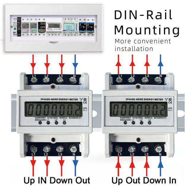 Din Rail AC 230 380V 3 Phase 4 Wire Energy Meter Power Consumption Monitor kWh Meter Wattmeter Bivolt 100A 50/60Hz LCD