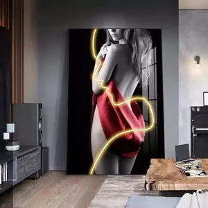 Lukisan porselen kristal Gambar seni dinding LED Wanita abstrak Modern HD grosir untuk ruang tamu