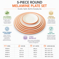 Ensemble de 5 assiettes à dîner en mélamine blanches à bordure orange, empilables, incassables, de qualité alimentaire, vente en gros pour restaurants et hôtels