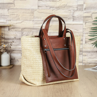 Grand sac fourre-tout d'été en paille tressée pour femme de bureau, avec bandoulière en cuir bicolore, fermeture à bouton, poche et multiples compartiments