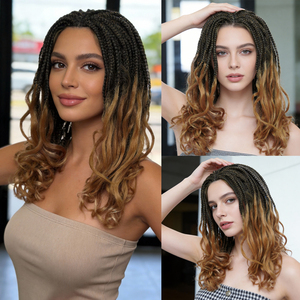Perruque complète en dentelle transparente réglable de haute qualité, tresses Box Braids, sans colle, avec racine naturelle, pointes ondulées, noir <span class=keywords><strong>blond</strong></span>, 18 pouces, pour femmes - Product Image 5
