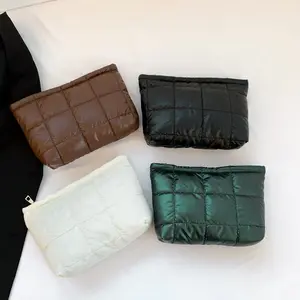 Wholesale Custom Portable Cotton Quilted Clutch Hand Bag Puffy Makeup Bag Women Nylon Puffer Cosmetic Bags