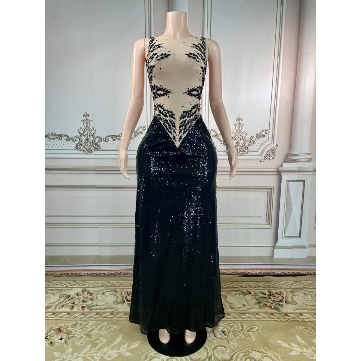 Vintage Sleeveless Sparkly Crystal Black Chiffon Mesh Dresses Prom Dresses Party Maxi Sequin Evening Gown Dress Long Elegant