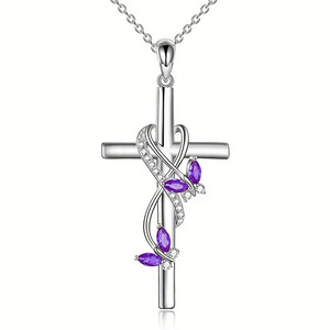 Collana con Ciondolo a Croce in Argento 925 Placcato Rodio con Gemma Viola, Gioiello Religioso Cristiano Unisex con Catena a Maglia Fine - Product Image 1