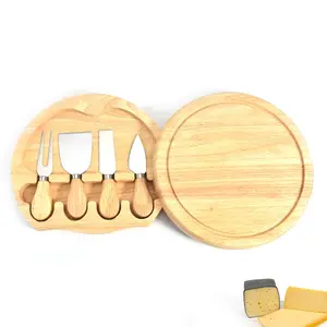 Round Slide Out Acacia Wood Cheese Board And 4 Piece Cheese Knife Set