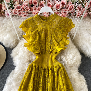 Vintage violet/vert/rouge dentelle Robe mi-longue femmes doux col rond à volants Vestidos femme taille haute mince Robe printemps automne nouveau - Product Image 3