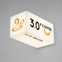 Enseigne lumineuse LED pour café, trois faces, montage en coin, éclairage blanc, texte noir, logo orange pour vitrine de café, signalétique commerciale