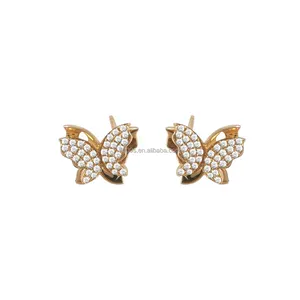 Grosir perhiasan halus 18K anting emas padat kupu-kupu indah dengan berlian alami menyesuaikan berlian Lab anting Stud