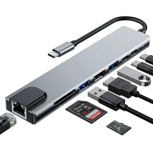 Hub USB C 8 en 1 Con HDTV, 2 puertos USB 3,0, 100W, PD, Gigabit, Ethernet, tarjetas SD/TF, 8 puertos