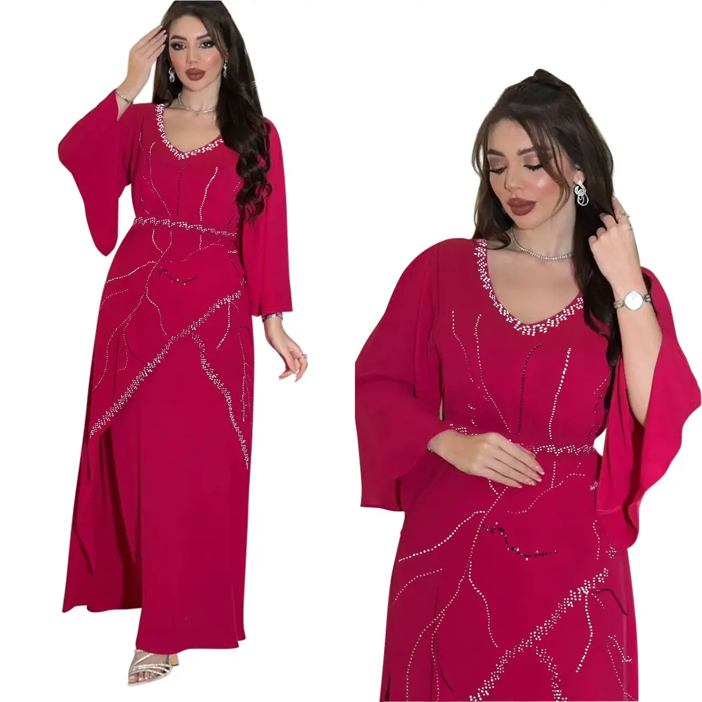Chiffon Kimono Sleeve Islamic Clothing Loose Pattern Rhinestone Abaya Dresses