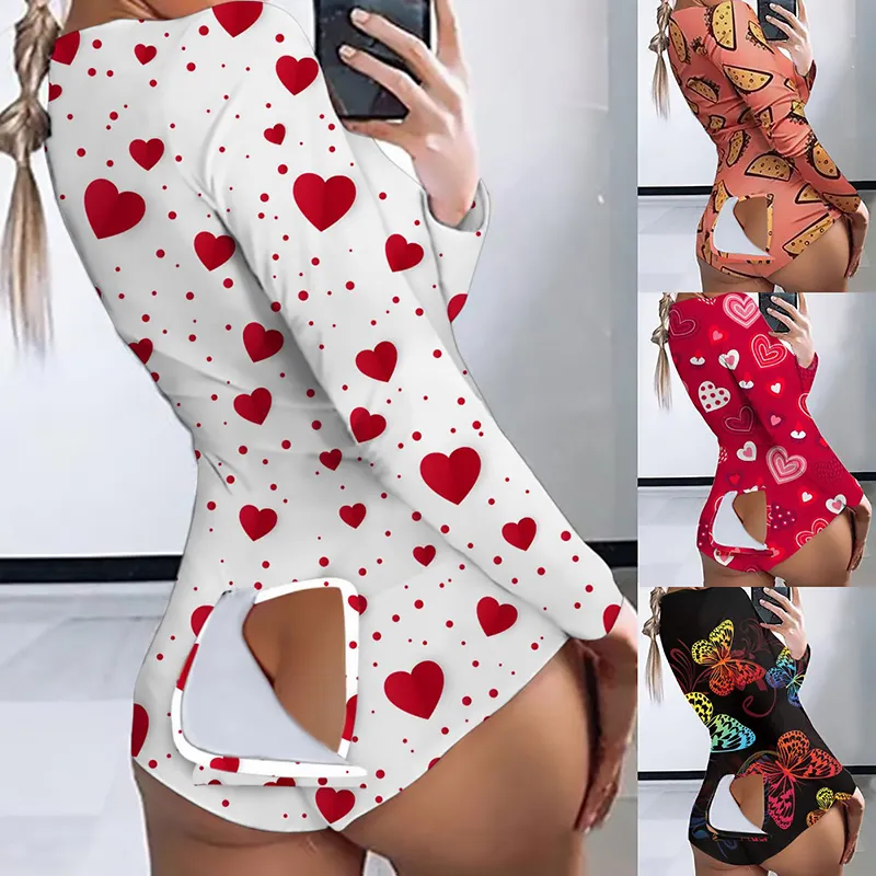 Groothandel Lente Zomer Lounge Wear Vrouwen Nachtkleding Butt Flap Volwassenen Onesie Valentines Pyjama Een Stuk Bodysuit Nachtkleding