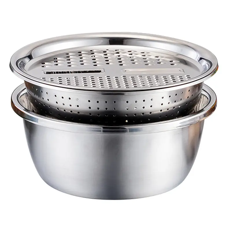 hot sale 3PCS Kitchen Stainless Steel Single Sink Cake Dough Salad Fruit Grater Mixing Bowl Set With Lid