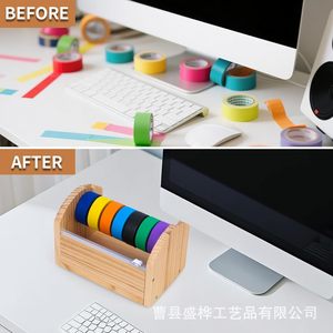 Wooden Tape Cutter Storage Rack Solid Wood <b>Desktop</b> Organizer For Craft Tapes Multi Roll Holder Stationery Storage - Product Image 3