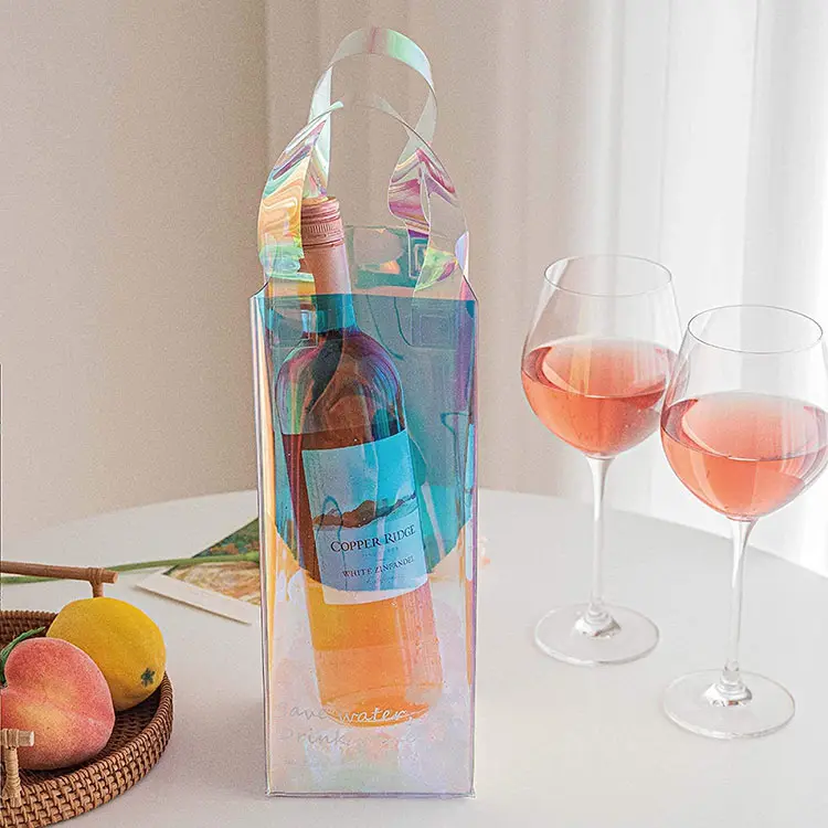 Reuesable PVC gökkuşağı Hologram buz şarap çantası fantezi şampanya şarap çantası soğutucu çanta kendi logosu ile