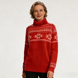 Suéter de Cuello Alto con Diseño de Copos de Nieve Rojos para Mujer, ODM/OEM - Product Image 1