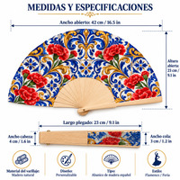 Éventail espagnol en bois pliable de 23 cm, motif carreaux bleus et roses, pour Flamenco, Abanicos De Madera, Fête de Séville, cadeau