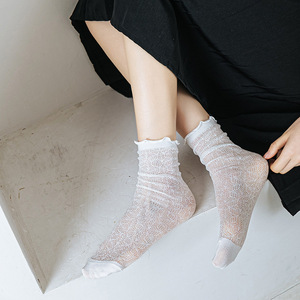 Chaussettes mi-mollet pour femme, fines, en dentelle <span class=keywords><strong>et</strong></span> résille, transparentes, à bord volanté, jacquard cœur, style décontracté, assorties au quotidien - Product Image 1