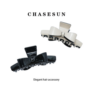 Pince à cheveux en acétate blanc et noir avec nœud pour femme, usage quotidien, style pince requin, accessoire de coiffure - Product Image 5