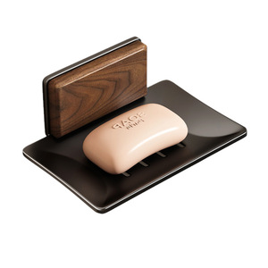 Walnut Wood Soap Dish Wall Mounted Rectangular Space Aluminum Drain Soap Box For Bathroom Sink - Product Image 5