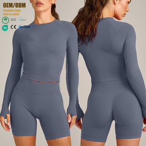 Conjunto Deportivo de Manga Larga para Mujer con Orificios para los Pulgares, Pantalones Cortos de Cintura Alta, Secado Rápido, Transpirable, para Yoga, Gimnasio y Fitness - Product Image 1