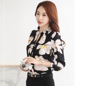 Nouvelle Mode Blouse en Chiffon <span class=keywords><strong>Col</strong></span> <span class=keywords><strong>V</strong></span> Ajustée pour <span class=keywords><strong>Femme</strong></span>, Chemise Fleurie à <span class=keywords><strong>Manches</strong></span> <span class=keywords><strong>Longues</strong></span> avec Boutons Décoratifs, Idéale pour le Bureau et le Travail - Product Image 1