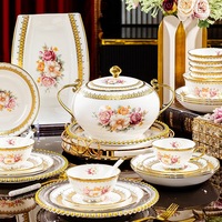 Service de Table de Luxe en Porcelaine Fine Céramique Royal Rose Peint à la Main, Compatible Micro-ondes/Four, 60 Pièces, Écologique, Sans BPA, Idéal pour la Maison