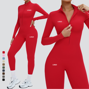 Mono de una pieza para mujer con cremallera frontal, cristales, cuello cuadrado, manga larga, de alta sujeción, de secado rápido, elástico y cómodo, color liso. - Product Image 1