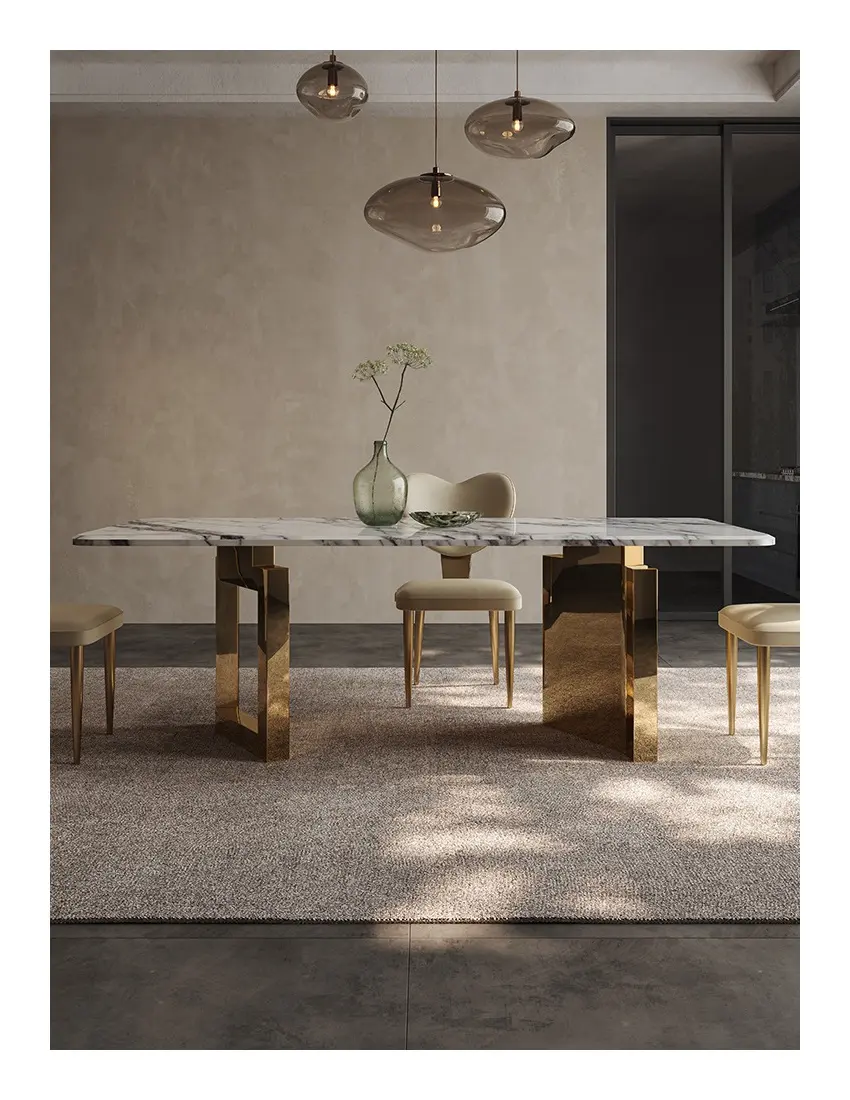 モダンで豪華な金と石のダイニングテーブル大理石のトップ焼結長方形テーブル家庭用家具