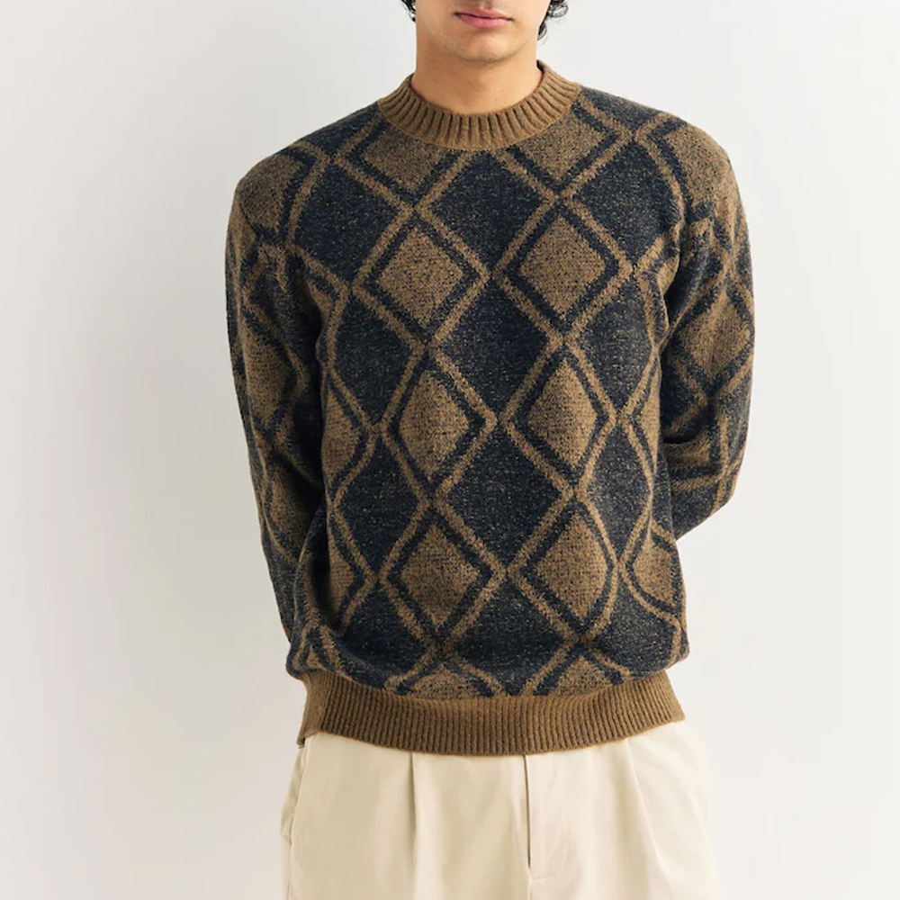 Custom Men's Formal Sweater Jacquard Knit Retro Argyle Patter Regular Fit Round Neck Winter Pullover Nylon Acrylic OEM Logo