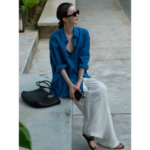 Camicetta da <span class=keywords><strong>donna</strong></span> <span class=keywords><strong>oversize</strong></span> in tessuto di <span class=keywords><strong>lino</strong></span> camicie di colore semplice con Logo personalizzato - Product Image 6