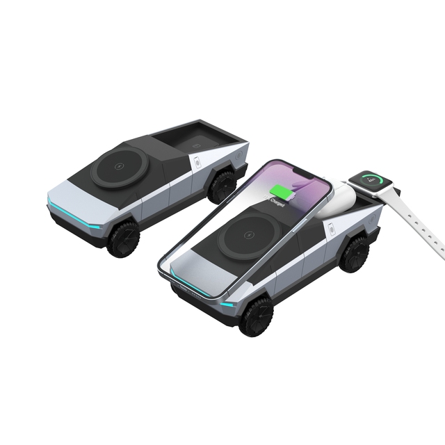 Cyberpunk 3 in 1 Magnetic Wireless Charger Motorized Rotation Dock Station with Ambient Neon Light for Phone Watch Earbuds