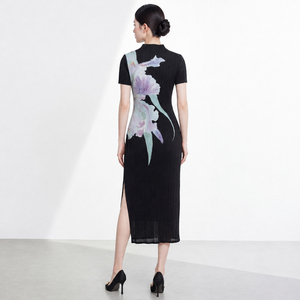 Women's Casual Chinese Style Black Floral Print Embroidery Ruched Midi <b>Dress</b> Sleeveless Stand Collar Eco-Friendly Washable - Product Image 6