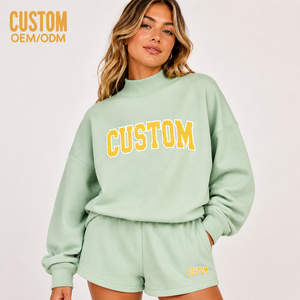 Custom Women's Towel Print <b>Embroidery</b> Hooded Regular Fit Sweatshirt Cotton Shorts Fleece Casual Breathable Loungewear 2pcs <b>Set</b> - Product Image 1