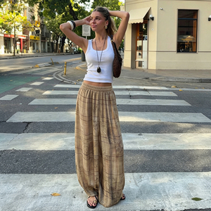 Street Style Vintage Floral Print Plaid Loose Straight Leg Casual Pants Relaxed Versatile Home Wear Elastic Waist Long Pants - Product Image 2