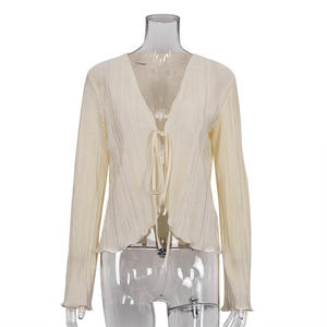 เสื้อสเวตเตอร์ถักแขนยาวมีจีบสำหรับผู้หญิง,เสื้อเบลาส์อัดจีบแขนยาวทรงสลิมเซ็กซี่เสื้อกันแดดสไตล์ฝรั่งเศสใหม่ฤดูร้อนปี<span class=keywords><strong>2022</strong></span> - Product Image 5