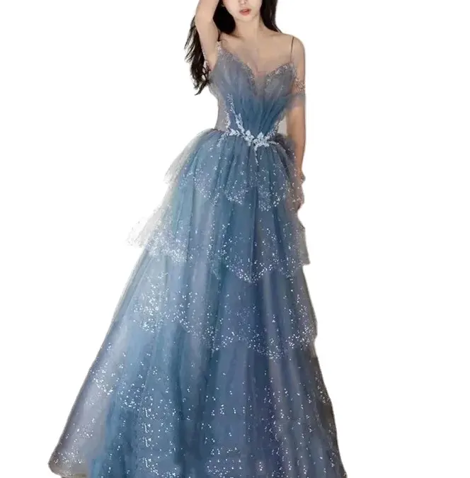 Nouvelles femmes Banquet Robe De Soirée Bleu Lumière De Luxe Senior Sens Adulte Robe De Cérémonie