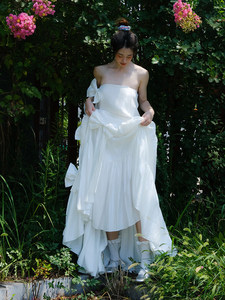 Vestido de <span class=keywords><strong>Novia</strong></span> Blanco para la Mañana, Vestido de Compromiso, Vestido para Brindis, Vestido de Alta Gama sin Tirantes con Lazo, <span class=keywords><strong>Falda</strong></span> Larga - Product Image 4