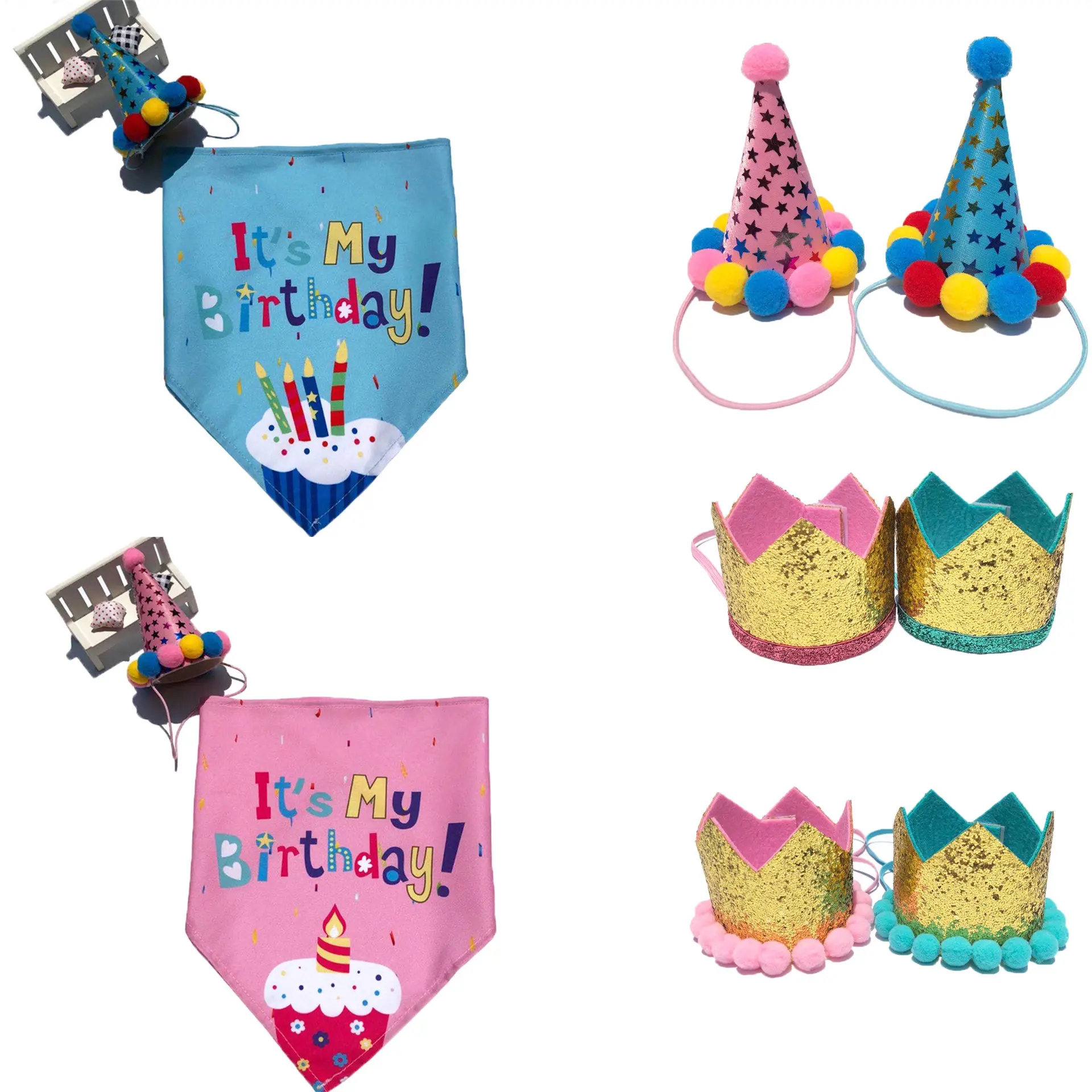 Chapeau d'anniversaire pour animaux de compagnie rose Accessoires de fête d'anniversaire pour animaux de compagnie Bandana pour chien personnalisé