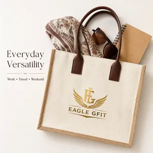 Sac de courses en toile de jute naturelle personnalisé OEM en gros avec poignée en cuir PU durable pour usage quotidien - Product Image 5
